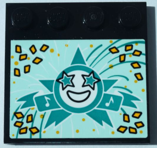 Tile, Modified 4 x 4 with Studs on Edge with Happy Face, Dark Turquoise Stars and Bright Light Orange Diamonds on Light Aqua Background Pattern (Sticker) - Set 41368