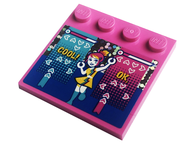 Tile, Modified 4 x 4 with Studs on Edge with Yellow 'COOL!' and 'OK', Dancing Friends Minifigure, Medium Azure and Dark Pink Directional Arrows Pattern (Sticker) - Set 41708