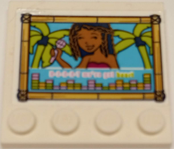 Tile, Modified 4 x 4 with Studs on Edge with Andrea Minifigure Holding Microphone, Palm Trees, Sound Equalizer Bars and 'H-E-A-R-T we've got heart' in Bamboo Frame Pattern (Sticker) – Set 41374