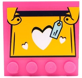 Tile, Modified 4 x 4 with Studs on Edge with Yellow and Black Handbag with White Hearts and Light Aqua Price Tag Pattern (Sticker) - Set 41450