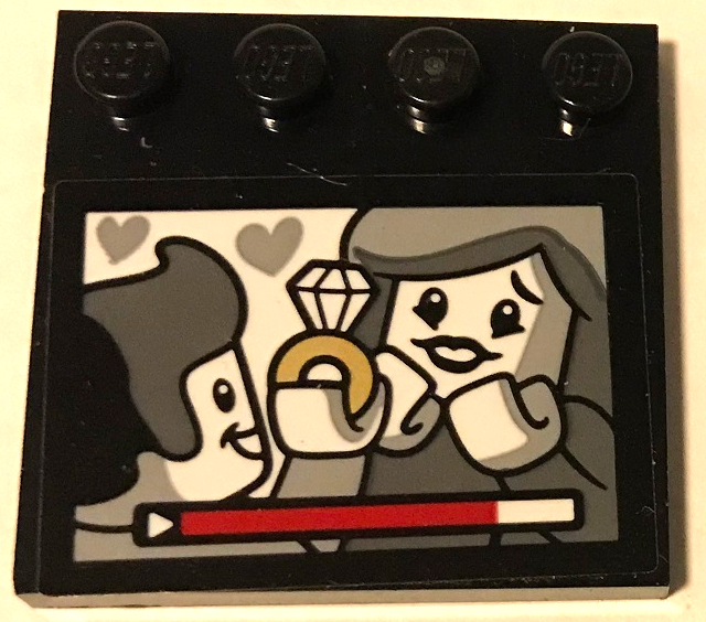 Tile, Modified 4 x 4 with Studs on Edge with Man Holding Gold Diamond Ring Proposing to Woman on Screen, Hearts, Play Button and Progress Bar Pattern (Sticker) - Set 70922