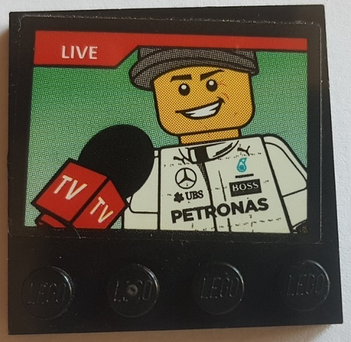 Tile, Modified 4 x 4 with Studs on Edge with 'LIVE', 'TV', Microphone and Formula 1 Driver Minifigure on Screen Pattern (Sticker) - Set 75883