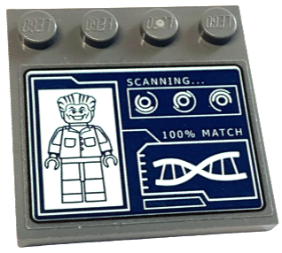 Tile, Modified 4 x 4 with Studs on Edge with Light Aqua Joker Minifigure, 'SCANNING...', '100% MATCH' and DNA Double Helix on Dark Blue Screen Pattern (Sticker) - Set 76122