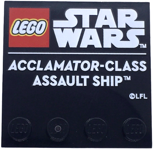 Tile, Modified 4 x 4 with Studs on Edge with LEGO Star Wars Logo and White 'ACCLAMATOR-CLASS ASSAULT SHIP' Pattern