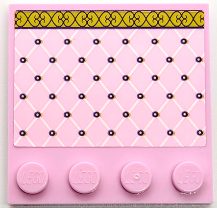Tile, Modified 4 x 4 with Studs on Edge with Bedspread with White Diamonds, Black Buttons and Gold Hem with Scrollwork Pattern (Sticker) - Set 43206