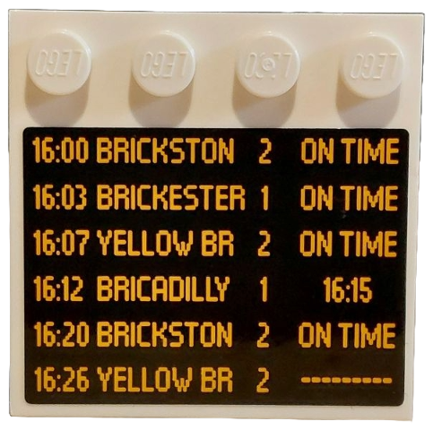 Tile, Modified 4 x 4 with Studs on Edge with Black and Bright Light Orange Train Departures Schedule Pattern (Sticker) - Set 910034