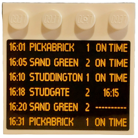 Tile, Modified 4 x 4 with Studs on Edge with Black and Bright Light Orange Train Arrivals Schedule Pattern (Sticker) - Set 910034