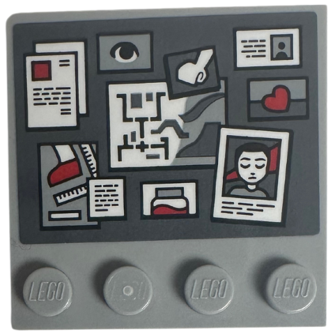 Tile, Modified 4 x 4 with Studs on Edge with Red, White, and Black Eye, Thing, Heart, Pictures and Notes on Dark Bluish Gray Background Pattern (Sticker) - Set 76781