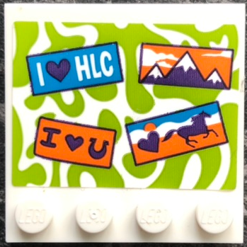 Tile, Modified 4 x 4 With Studs On Edge with 'I Heart HLC', Mountains, 'I Heart Horseshoe', and Galloping Horse on Lime Background Pattern (Sticker) - Set 41371