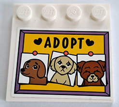 Tile, Modified 4 x 4 with Studs on Edge with Yellow Bulletin Board / Pinboard with Hearts, 'ADOPT' and 3 Dogs Pattern (Sticker) - Set 41727