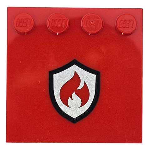 Tile, Modified 4 x 4 with Studs on Edge with Flames and Black and Silver Fire Logo Badge Pattern