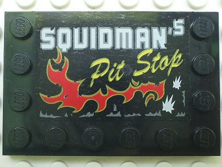 Tile, Modified 4 x 6 with Studs on Edges with 'SQUIDMAN's Pit Stop' Pattern (Sticker) - Set 5980