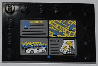 Tile, Modified 4 x 6 with Studs on Edges with 'ALARM!!!!', Street Map, White Car and 'WANTED!' Pattern (Sticker) - Set 7498