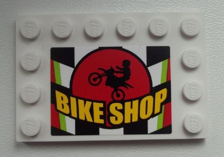 Tile, Modified 4 x 6 with Studs on Edges with Motorcycle and 'BIKE SHOP' on Checkered Background Pattern (Sticker) - Set 60026
