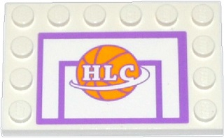 Tile, Modified 4 x 6 with Studs on Edges with Basketball Backboard with Ball and 'HLC' Pattern (Sticker) - Set 41005