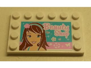 Tile, Modified 4 x 6 with Studs on Edges with Girl and 'Beauty Shop' Pattern (Sticker) - Set 3187