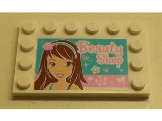 Tile, Modified 4 x 6 with Studs on Edges with Girl and 'Beauty Shop' Pattern (Sticker) - Set 3187