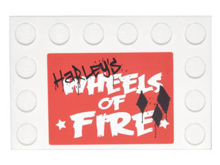 Tile, Modified 4 x 6 with Studs on Edges with Black 'HaRLEy'S' Graffiti over White 'WHEELS OF FIRE' Pattern (Sticker) - Set 76035