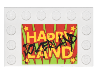 Tile, Modified 4 x 6 with Studs on Edges with Black 'JOKERLAND' Graffiti over Yellow 'HAPPY LAND' Pattern (Sticker) - Set 76035