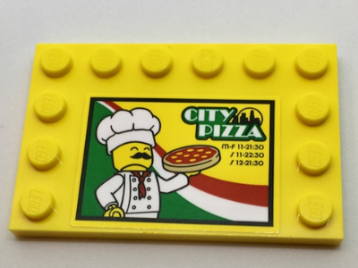 Tile, Modified 4 x 6 with Studs on Edges with Chef, 'CITY PIZZA', Store Hours, and Italian Flag Colors Pattern Model Right Side (Sticker) - Set 60150