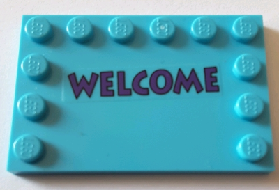 Tile, Modified 4 x 6 with Studs on Edges with Dark Purple 'WELCOME' Pattern (Sticker) - Set 71016
