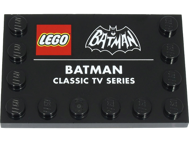 Tile, Modified 4 x 6 with Studs on Edges with Batman Logo and 'BATMAN CLASSIC TV SERIES' Pattern