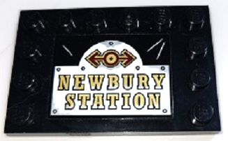 Tile, Modified 4 x 6 with Studs on Edges with Dark Red and Gold Train Logo and 'NEWBURY STATION' Pattern (Sticker) - Set 70424