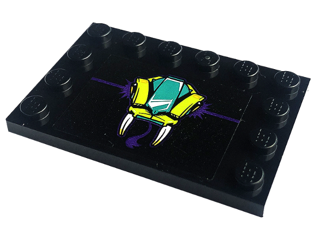 Tile, Modified 4 x 6 with Studs on Edges with Snake Head with Dark Turquoise and Lime Mask, Fangs, and Dark Purple Tongue Pattern (Sticker) - Set 60339
