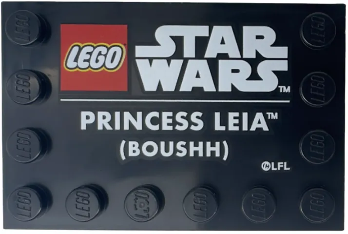 Tile, Modified 4 x 6 with Studs on Edges with LEGO Star Wars Logo and White 'PRINCESS LEIA (BOUSHH)' Pattern