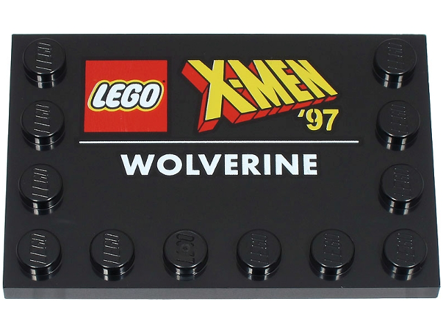 Tile, Modified 4 x 6 with Studs on Edges with LEGO X-MEN '97 Logo and White 'WOLVERINE' Pattern