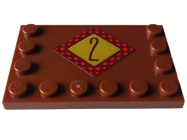 Tile, Modified 4 x 6 with Studs on Edges with Reddish Brown Number 2 on Gold Diamond with Dark Red Checkered Border Pattern (Sticker) - Set 4002023