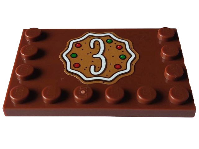 Tile, Modified 4 x 6 with Studs on Edges with White Number 3, Red and Green Dots on Medium Nougat Cookie Pattern (Sticker) - Set 4002023