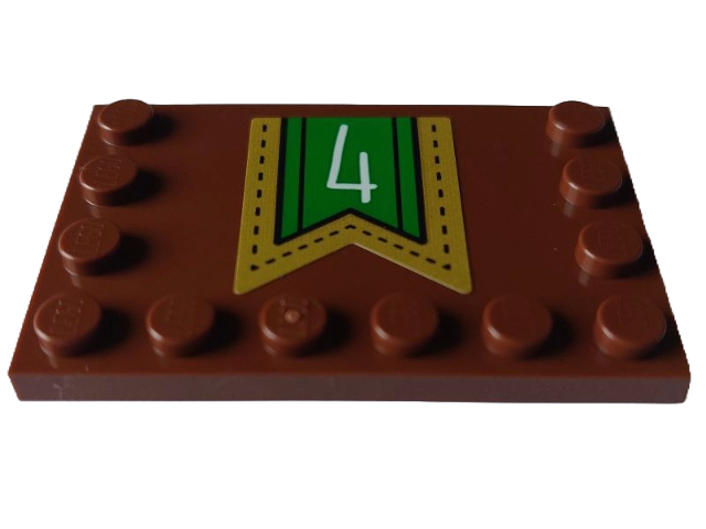 Tile, Modified 4 x 6 with Studs on Edges with White Number 4 on Green Banner with Gold Border Pattern (Sticker) - Set 4002023