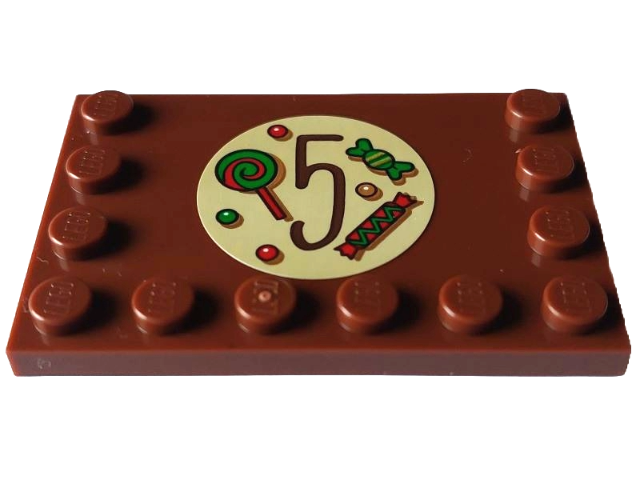 Tile, Modified 4 x 6 with Studs on Edges with Reddish Brown Number 5 with Red and Green Candy and Dots on Tan Circle Pattern (Sticker) - Set 4002023