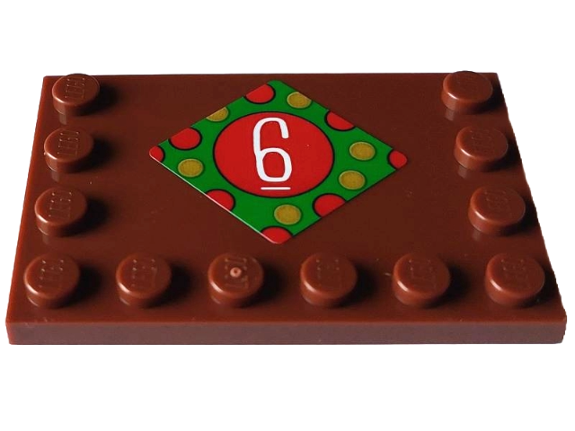 Tile, Modified 4 x 6 with Studs on Edges with White Number 6 in Circle and Red and Gold Dots on Green Diamond Pattern (Sticker) - Set 4002023
