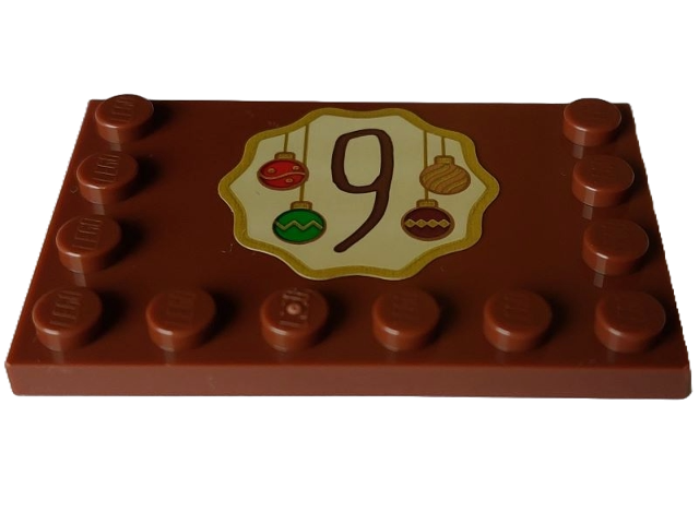 Tile, Modified 4 x 6 with Studs on Edges with Reddish Brown Number 9 and Red, Green and Gold Christmas Baubles on Tan Background Pattern (Sticker) - Set 4002023