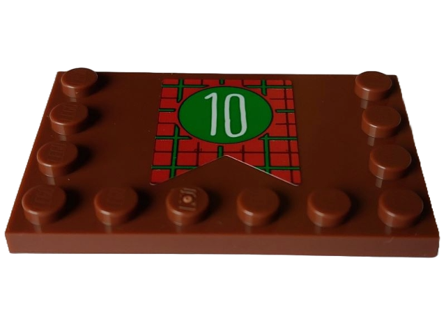 Tile, Modified 4 x 6 with Studs on Edges with White Number 10 in Circle on Red and Green Tartan Banner Pattern (Sticker) - Set 4002023