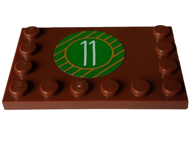 Tile, Modified 4 x 6 with Studs on Edges with White Number 11 and Gold Stripes on Green Circle Pattern (Sticker) - Set 4002023