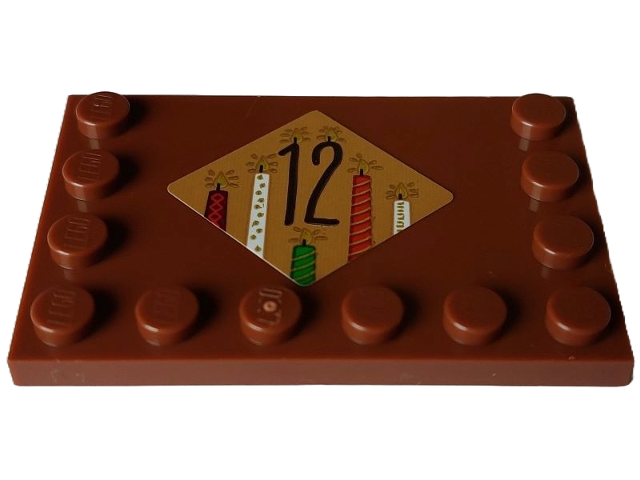 Tile, Modified 4 x 6 with Studs on Edges with Dark Brown Number 12 and Red, White and Green Candles on Medium Nougat Diamond Pattern (Sticker) - Set 4002023