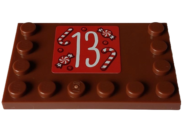 Tile, Modified 4 x 6 with Studs on Edges with White Number 13 and Candy on Red Square Pattern (Sticker) - Set 4002023