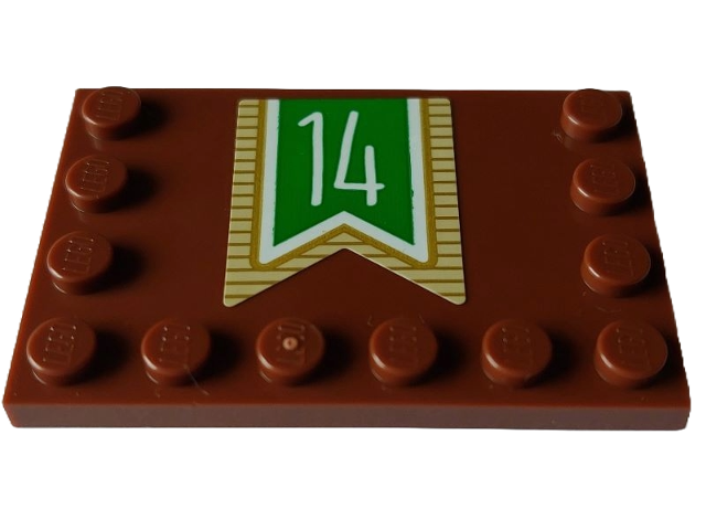 Tile, Modified 4 x 6 with Studs on Edges with White Number 14 on Green Banner with Gold Striped Border Pattern (Sticker) - Set 4002023