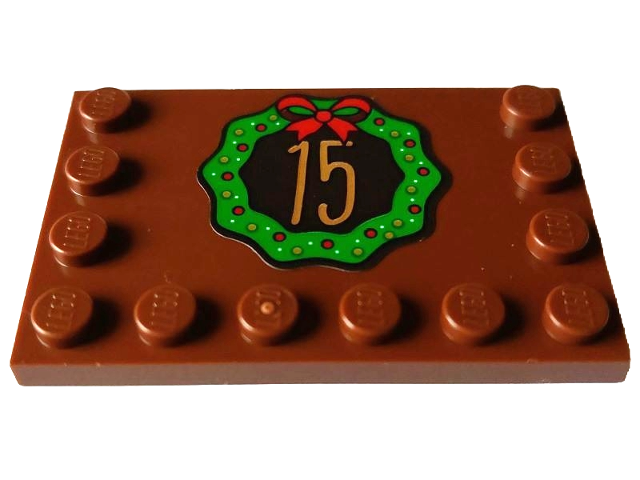 Tile, Modified 4 x 6 with Studs on Edges with Medium Nougat Number 15 in Green Christmas Wreath with Bow and Red, Gold and White Dots Pattern (Sticker) - Set 4002023