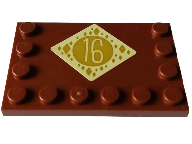 Tile, Modified 4 x 6 with Studs on Edges with Tan Number 16 with Gold Oval and Diamonds Pattern (Sticker) - Set 4002023