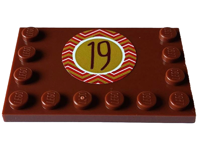 Tile, Modified 4 x 6 with Studs on Edges with Reddisch Brown Number 19 in Gold Circle with Red and White Zigzag Border Pattern (Sticker) - Set 4002023