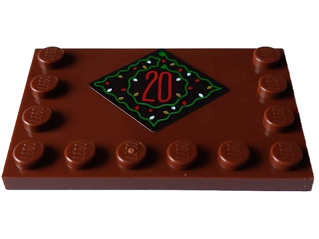 Tile, Modified 4 x 6 with Studs on Edges with Red Number 20 and Green Wire with Gold and White Christmas Lights on Dark Brown Diamond Pattern (Sticker) - Set 4002023