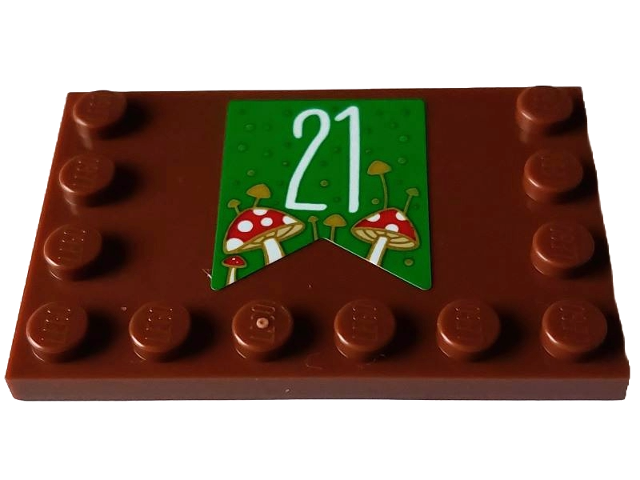 Tile, Modified 4 x 6 with Studs on Edges with White Number 21, Gold Dots and Red and Tan Mushrooms on Green Banner Pattern (Sticker) - Set 4002023