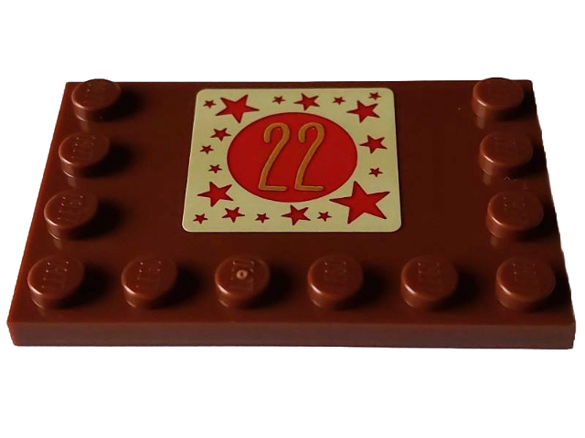 Tile, Modified 4 x 6 with Studs on Edges with Gold Number 22 and Red Circle and Stars on Tan Square Pattern (Sticker) - Set 4002023