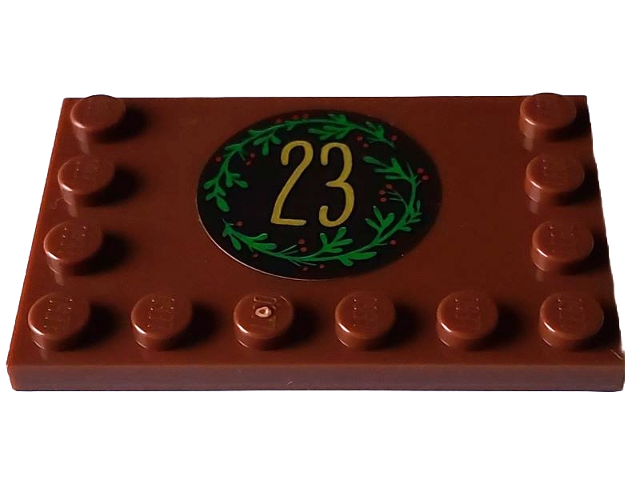 Tile, Modified 4 x 6 with Studs on Edges with Gold Number 23 and Green and Red Mistletoe on Dark Brown Circle Pattern (Sticker) - Set 4002023