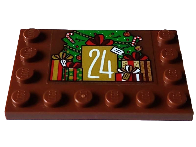 Tile, Modified 4 x 6 with Studs on Edges with White Number 24 on Gold Rectangle, Presents and Green Christmas Tree Bottom Half Pattern (Sticker) - Set 4002023