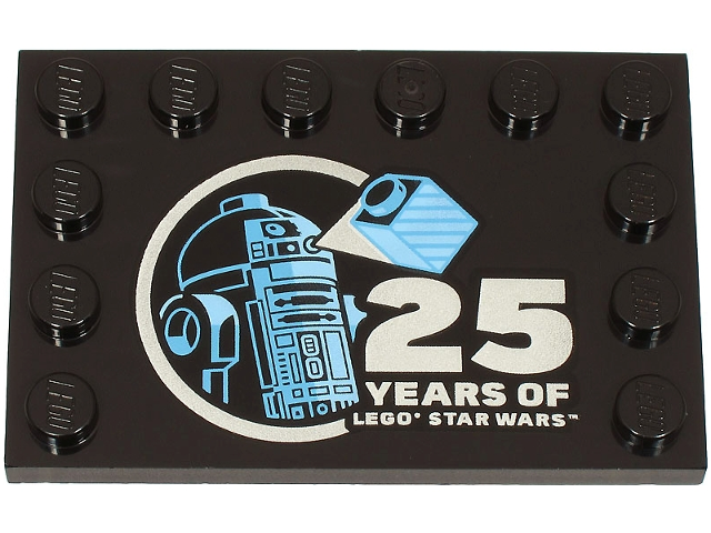 Tile, Modified 4 x 6 with Studs on Edges with Bright Light Blue and Medium Blue R2-D2 Minifigure and Silver '25 YEARS OF LEGO STAR WARS' Pattern